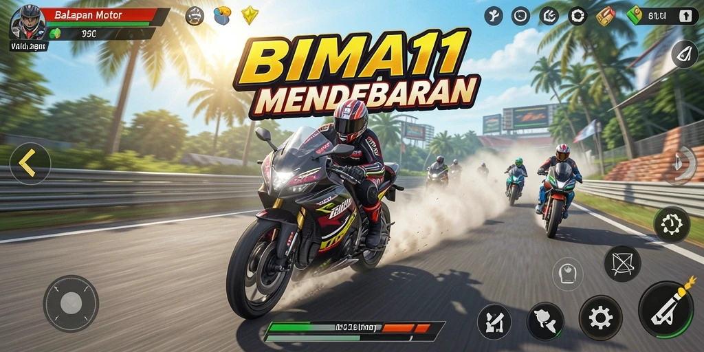 Screenshot BIMA11 menampilkan aksi balapan motor yang intens.