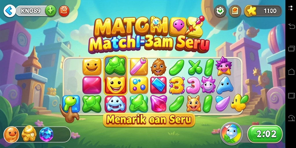 Screenshot gameplay KNO89 menampilkan kombinasi warna yang cerah dan gameplay Match-3 yang menarik.