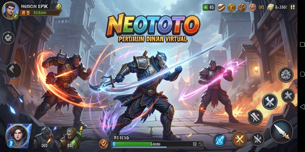 Screenshot gameplay NEOTOTO menunjukkan pertarungan intens antar karakter.