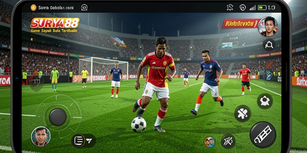 Tampilan gameplay <strong>SURYA88</strong> dengan aksi seru di lapangan sepak bola.