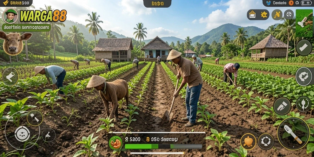 Tampilan gameplay <strong>WARGA88</strong> dengan grafik menawan dan aktivitas bertani.